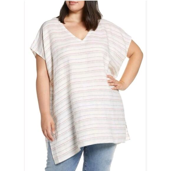 Eileen Fisher Organic Linen Tunic Top XL Striped Poncho Kaftan Beach Coastalcore - Picture 2 of 8